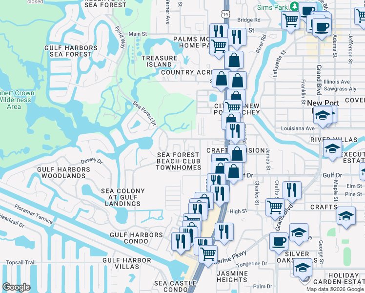 map of restaurants, bars, coffee shops, grocery stores, and more near 5026 Herring Court in New Port Richey