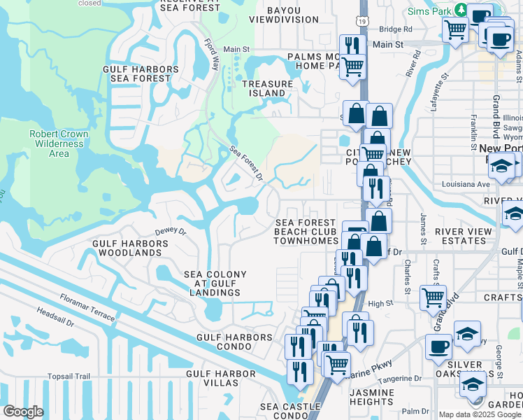 map of restaurants, bars, coffee shops, grocery stores, and more near 5617 Egrets Place in New Port Richey
