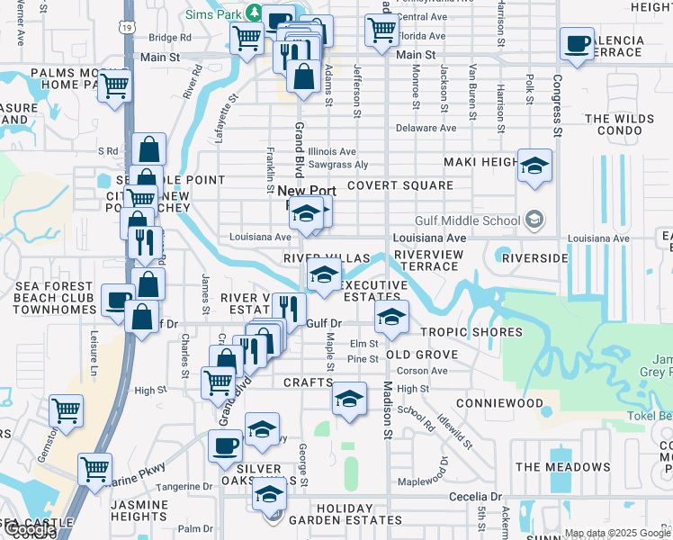 map of restaurants, bars, coffee shops, grocery stores, and more near 5551 Executive Drive in New Port Richey