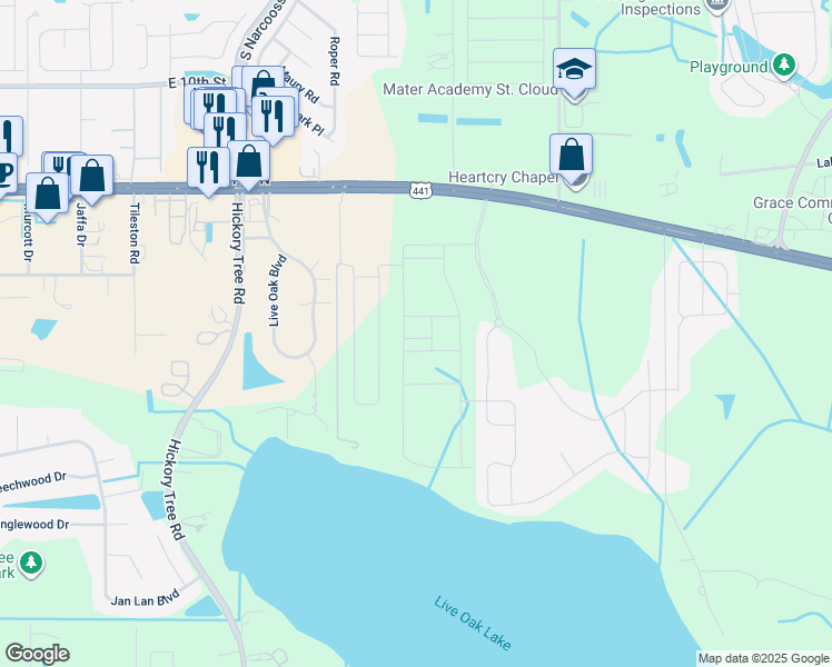 map of restaurants, bars, coffee shops, grocery stores, and more near Unnamed Road in Osceola County
