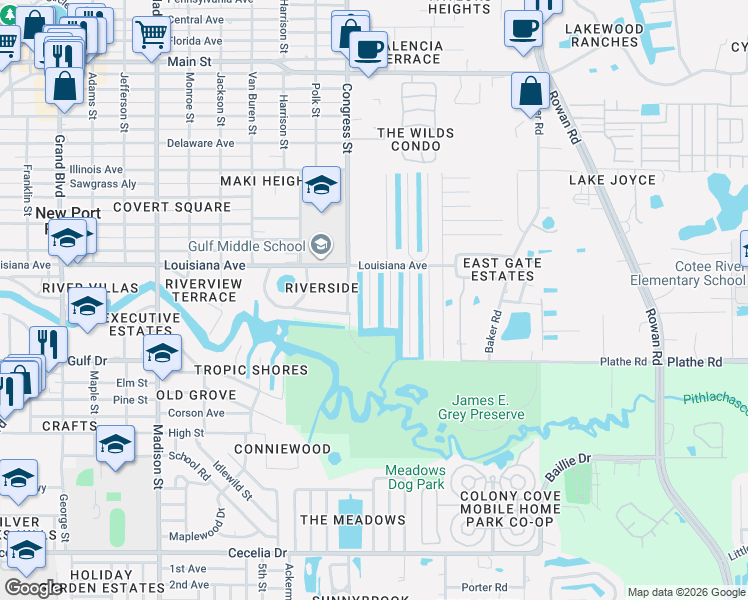 map of restaurants, bars, coffee shops, grocery stores, and more near 5607 Clubhouse Drive in New Port Richey