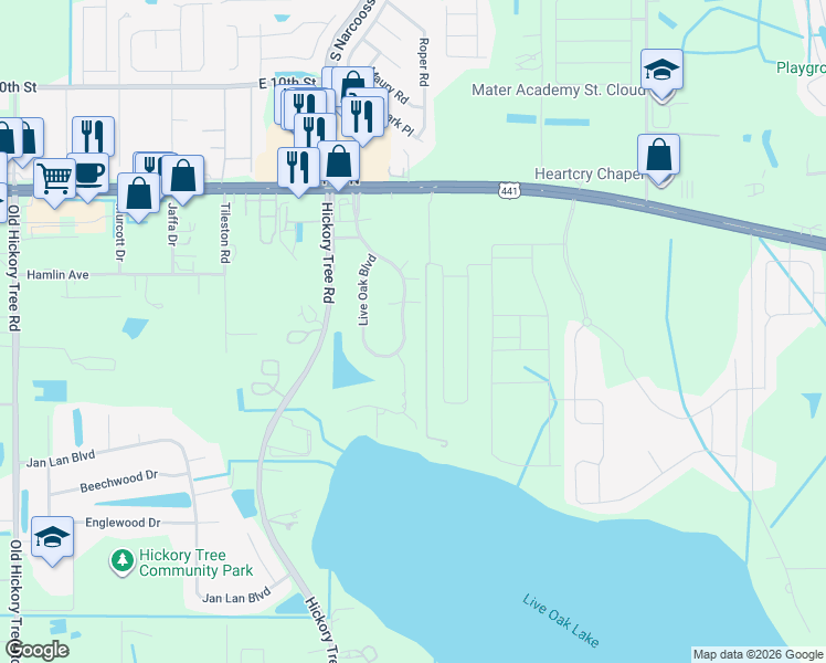 map of restaurants, bars, coffee shops, grocery stores, and more near 2041 Live Oak Boulevard in St. Cloud