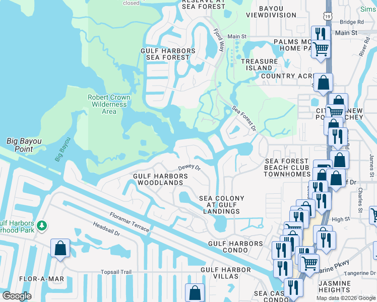 map of restaurants, bars, coffee shops, grocery stores, and more near 5617 Decatur Drive in Port Richey
