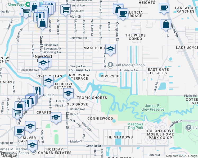 map of restaurants, bars, coffee shops, grocery stores, and more near 5768 Colonial Drive in New Port Richey