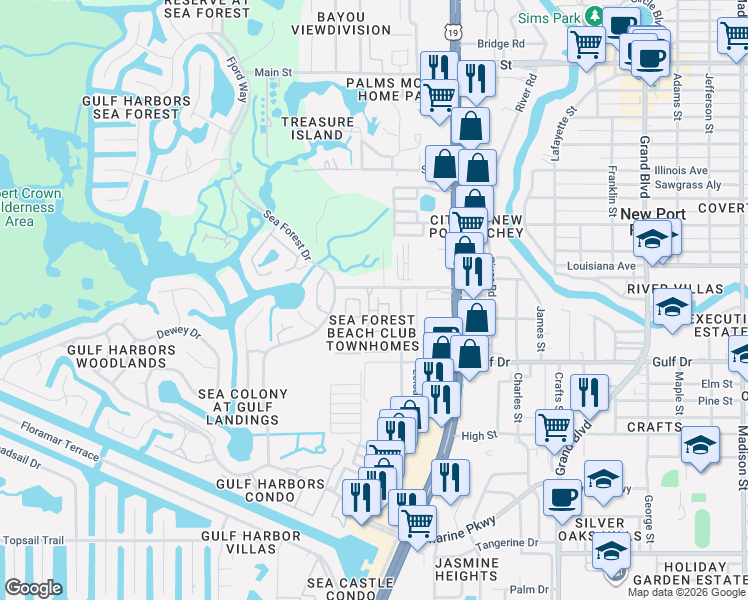 map of restaurants, bars, coffee shops, grocery stores, and more near 5633 Blackfin Drive in New Port Richey