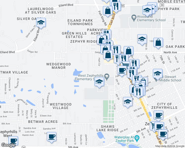 map of restaurants, bars, coffee shops, grocery stores, and more near 37742 15th Avenue in Zephyrhills