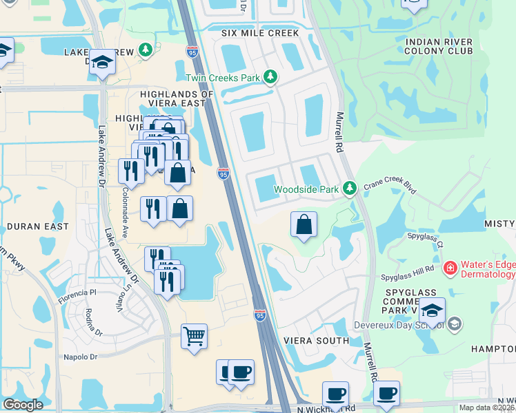 map of restaurants, bars, coffee shops, grocery stores, and more near 1860 Blue Heron Drive in Melbourne