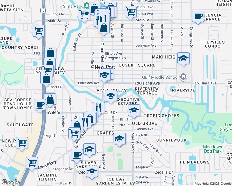 map of restaurants, bars, coffee shops, grocery stores, and more near 5843 Dailey Lane in New Port Richey