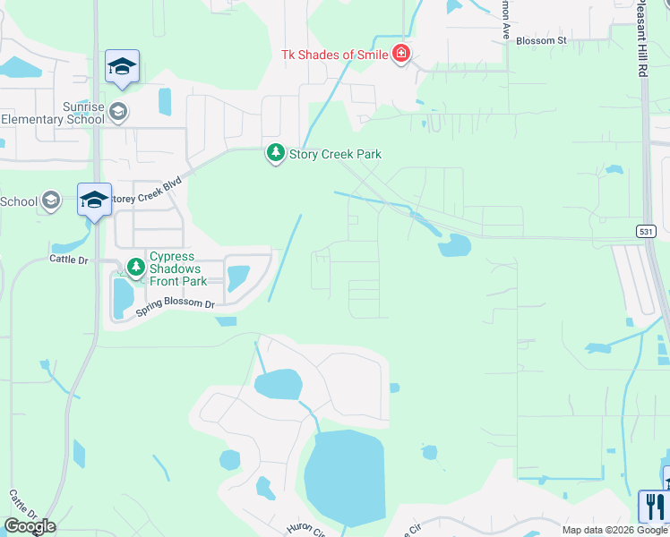 map of restaurants, bars, coffee shops, grocery stores, and more near 4346 Spring Blossom Drive in Kissimmee