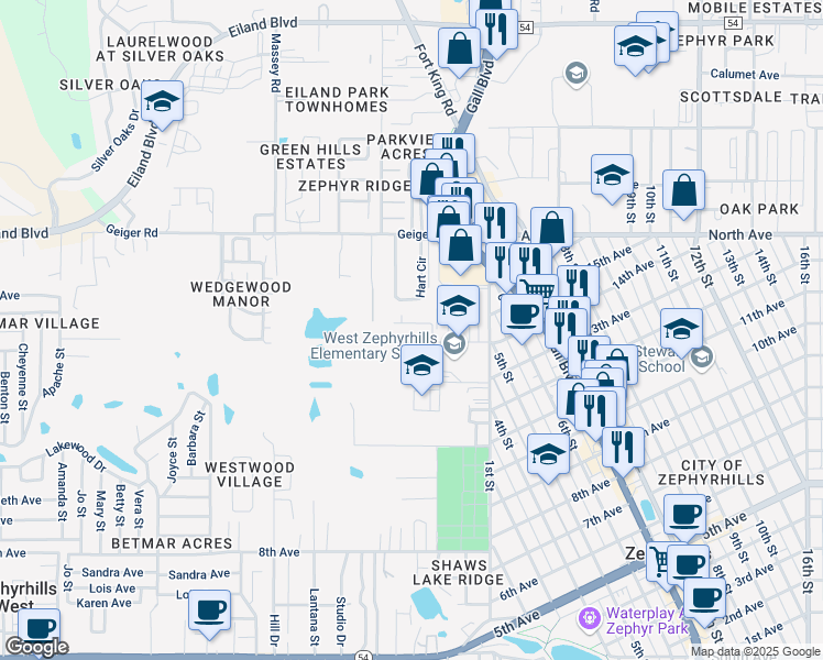map of restaurants, bars, coffee shops, grocery stores, and more near 37808 Hart Circle in Zephyrhills