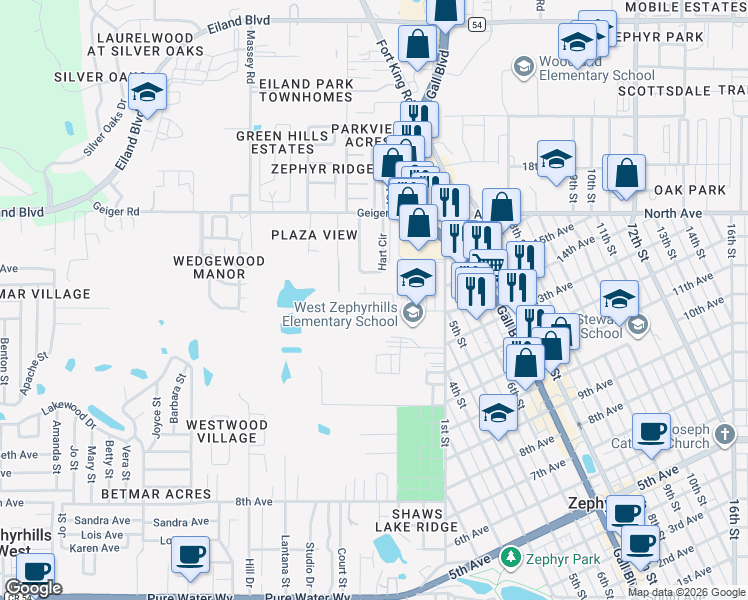 map of restaurants, bars, coffee shops, grocery stores, and more near 37812 15th Avenue in Zephyrhills