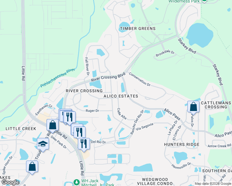 map of restaurants, bars, coffee shops, grocery stores, and more near 5708 Redhawk Drive in New Port Richey