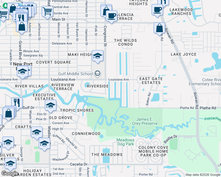map of restaurants, bars, coffee shops, grocery stores, and more near 5712 Congress Street in New Port Richey