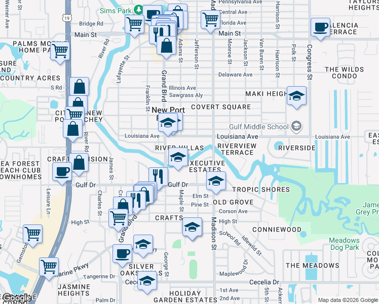 map of restaurants, bars, coffee shops, grocery stores, and more near 5843 Dailey Lane in New Port Richey