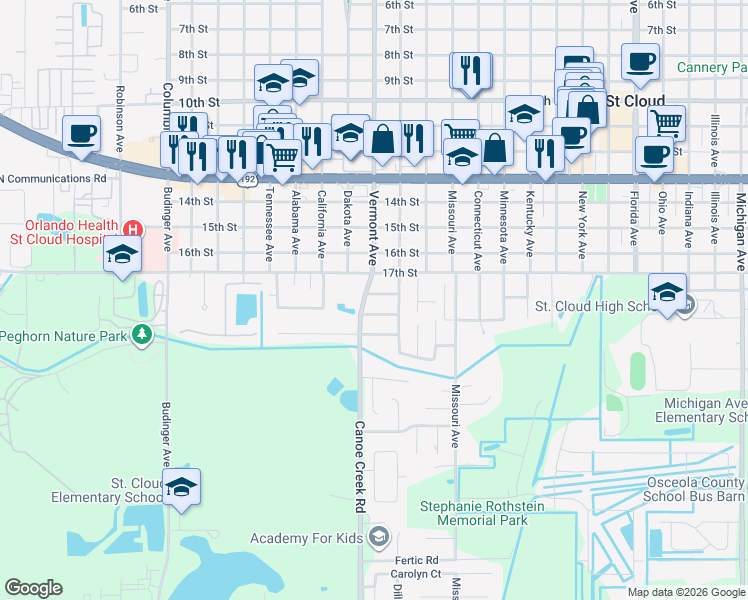 map of restaurants, bars, coffee shops, grocery stores, and more near 2025 17th Street in St. Cloud