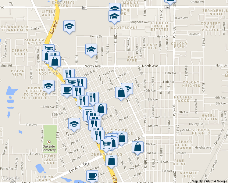 map of restaurants, bars, coffee shops, grocery stores, and more near 5811 11th Street in Zephyrhills