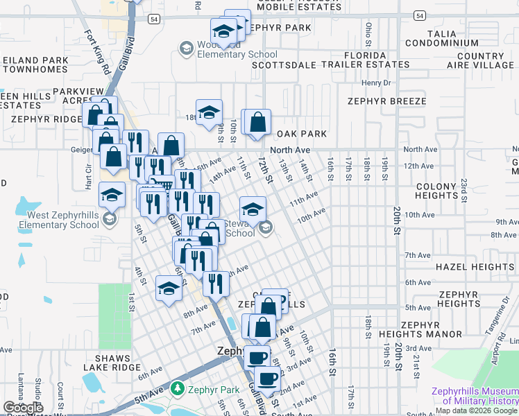 map of restaurants, bars, coffee shops, grocery stores, and more near 5811 11th Street in Zephyrhills