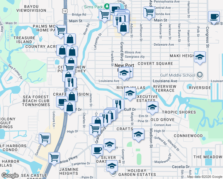 map of restaurants, bars, coffee shops, grocery stores, and more near 5702 Oak Ridge Avenue in Port Richey
