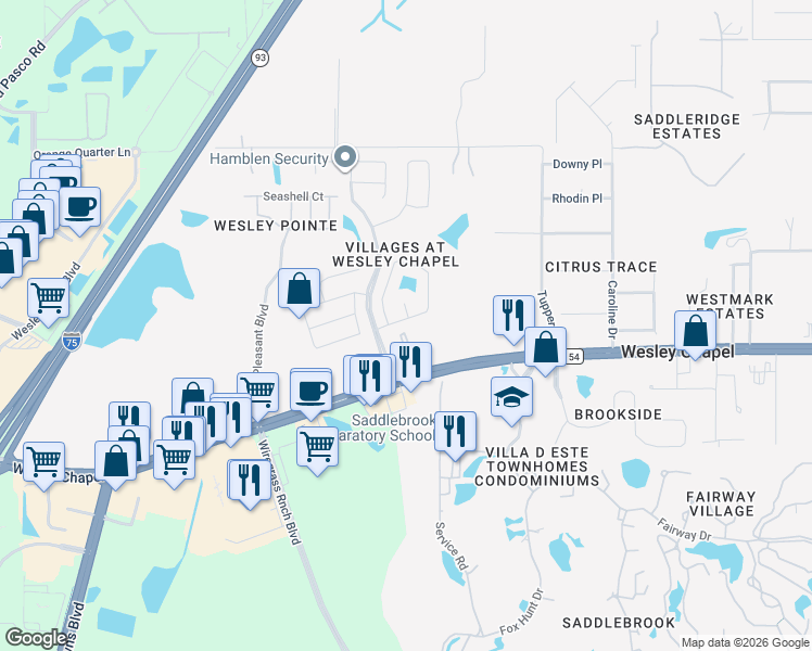 map of restaurants, bars, coffee shops, grocery stores, and more near 28912 Burke Mill Place in Wesley Chapel