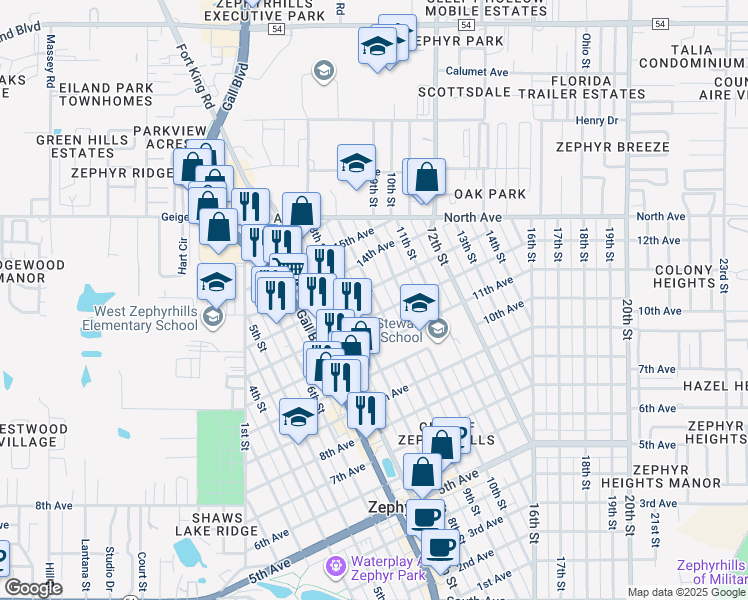map of restaurants, bars, coffee shops, grocery stores, and more near 5741 9th Street in Zephyrhills