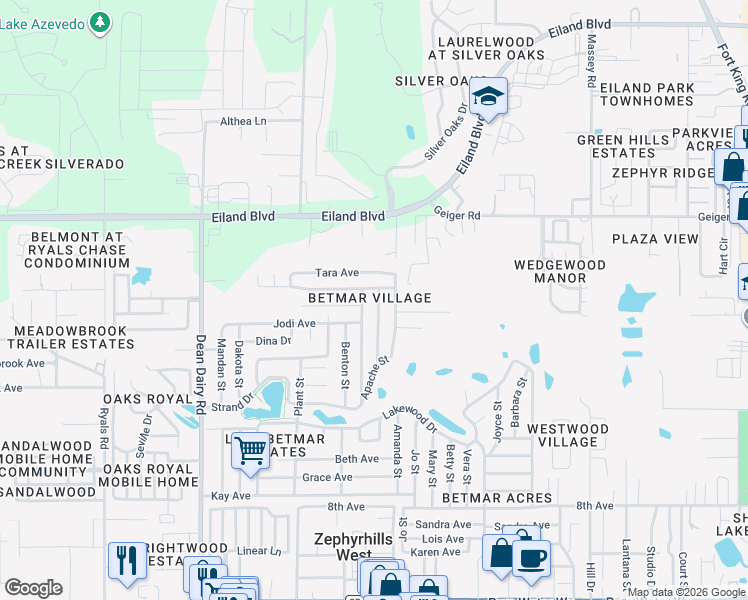 map of restaurants, bars, coffee shops, grocery stores, and more near 5745 Pawnee Street in Zephyrhills