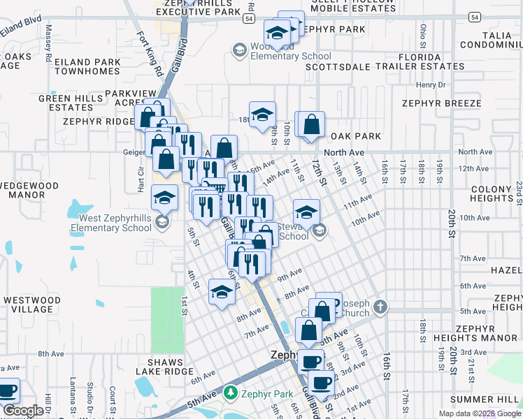 map of restaurants, bars, coffee shops, grocery stores, and more near 38241 13th Avenue in Zephyrhills