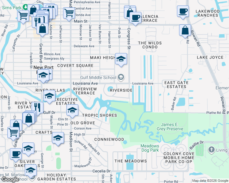 map of restaurants, bars, coffee shops, grocery stores, and more near 5736 Colonial Drive in New Port Richey