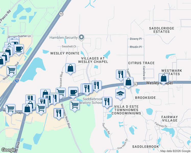 map of restaurants, bars, coffee shops, grocery stores, and more near 28912 Burke Mill Place in Wesley Chapel