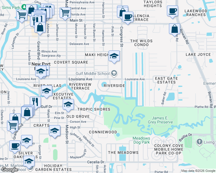 map of restaurants, bars, coffee shops, grocery stores, and more near 6320 Louisiana Avenue in New Port Richey