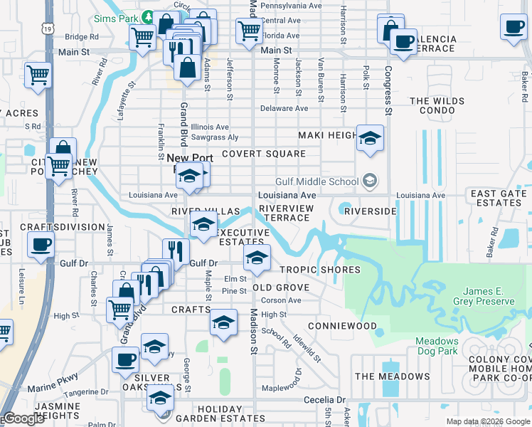 map of restaurants, bars, coffee shops, grocery stores, and more near 5703 Monroe Street in New Port Richey