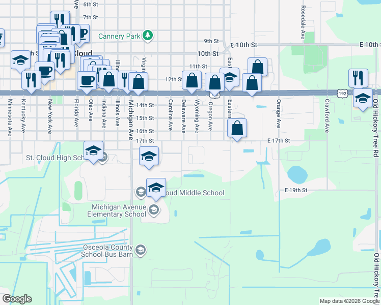 map of restaurants, bars, coffee shops, grocery stores, and more near 1705 Barton Towne Circle in St. Cloud