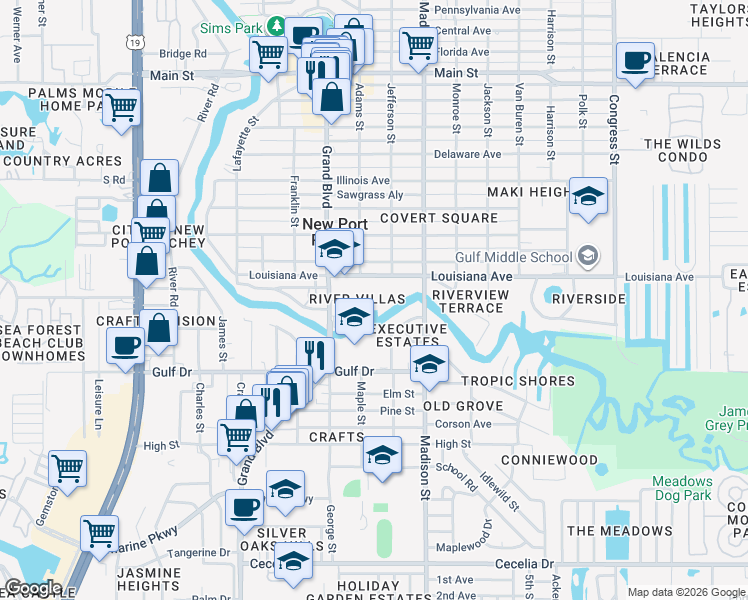 map of restaurants, bars, coffee shops, grocery stores, and more near 5843 Dailey Lane in New Port Richey