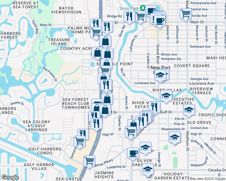 map of restaurants, bars, coffee shops, grocery stores, and more near 5314 Linder Place in Port Richey