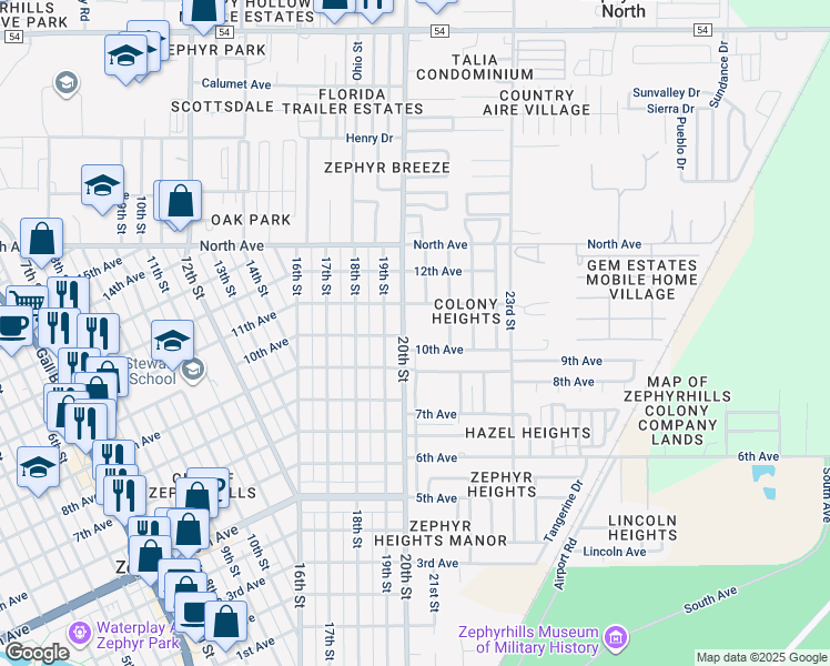 map of restaurants, bars, coffee shops, grocery stores, and more near 5800 20th Street in Zephyrhills