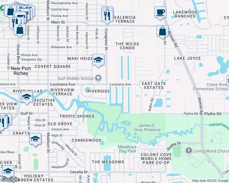 map of restaurants, bars, coffee shops, grocery stores, and more near 5709 Clubhouse Drive in New Port Richey
