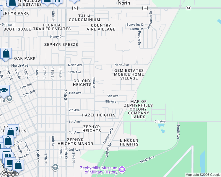 map of restaurants, bars, coffee shops, grocery stores, and more near 39353 Sycamore Lane in Zephyrhills