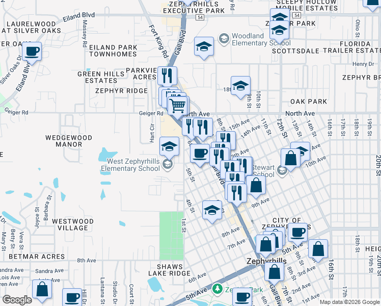 map of restaurants, bars, coffee shops, grocery stores, and more near 38016 15th Avenue in Zephyrhills