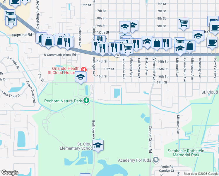 map of restaurants, bars, coffee shops, grocery stores, and more near 1772 Christina Lee Lane in Saint Cloud