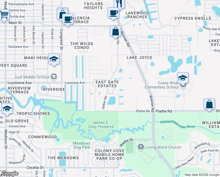 map of restaurants, bars, coffee shops, grocery stores, and more near 5700 Baker Road in New Port Richey
