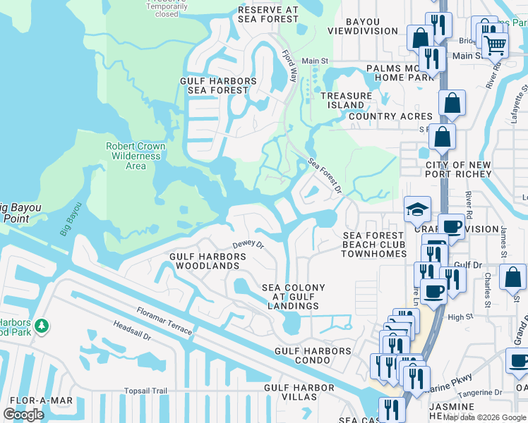 map of restaurants, bars, coffee shops, grocery stores, and more near 4537 Rickover Court in Port Richey