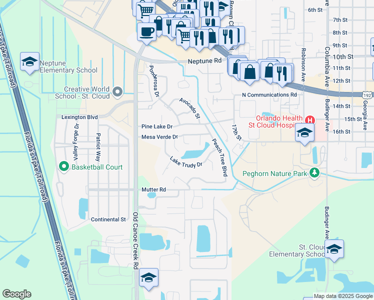 map of restaurants, bars, coffee shops, grocery stores, and more near 1724 Pinon Circle in St. Cloud