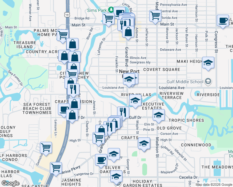 map of restaurants, bars, coffee shops, grocery stores, and more near 5702 Oak Ridge Avenue in Port Richey