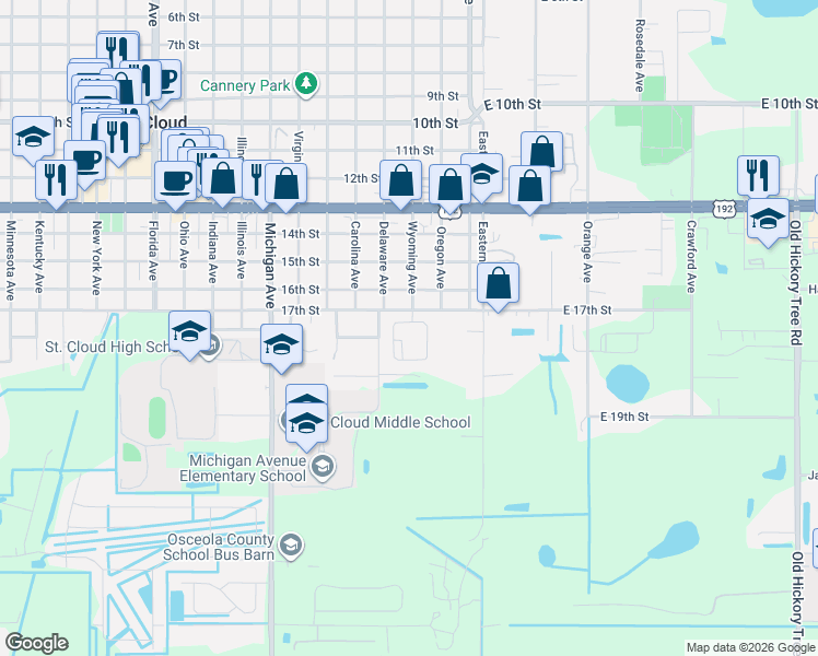 map of restaurants, bars, coffee shops, grocery stores, and more near 1705 Barton Towne Circle in St. Cloud