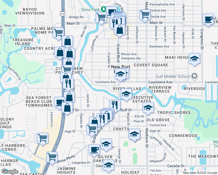map of restaurants, bars, coffee shops, grocery stores, and more near 5639 Riverview Drive in New Port Richey