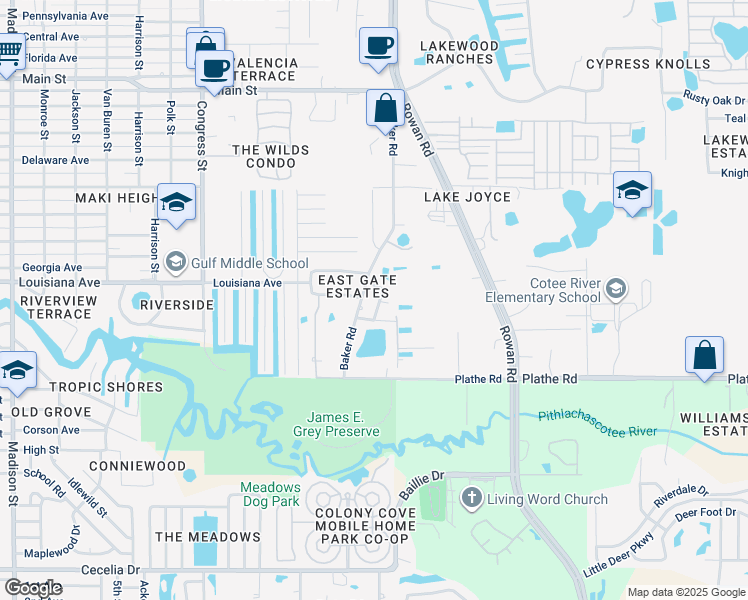 map of restaurants, bars, coffee shops, grocery stores, and more near 5703 Calla Drive in New Port Richey