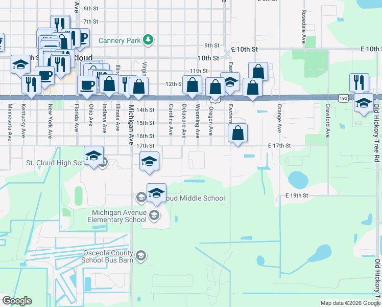 map of restaurants, bars, coffee shops, grocery stores, and more near 1705 Barton Towne Circle in St. Cloud