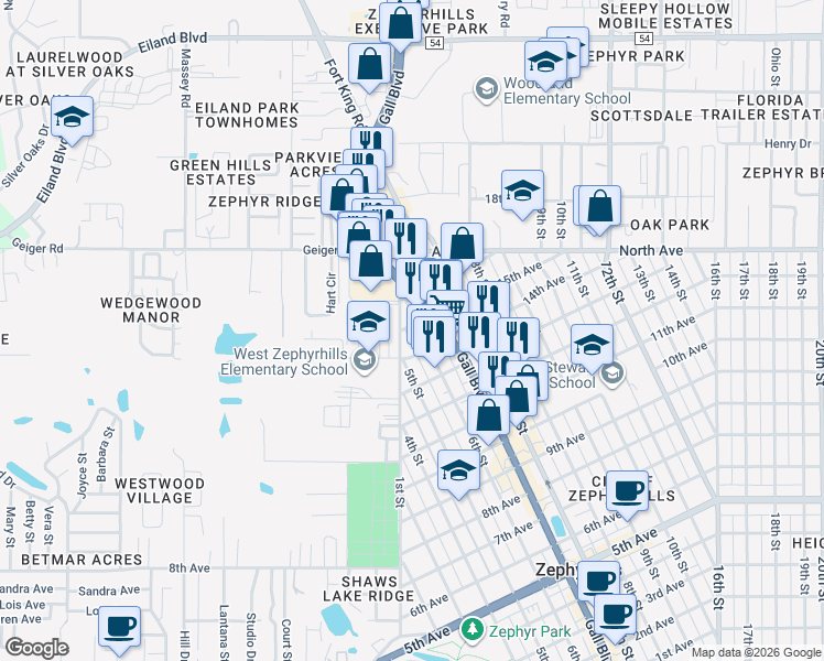 map of restaurants, bars, coffee shops, grocery stores, and more near 38016 15th Avenue in Zephyrhills