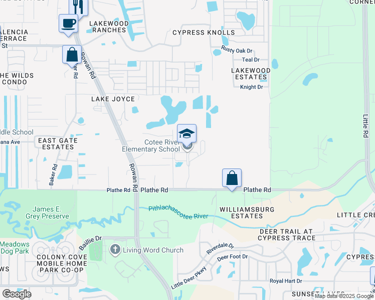 map of restaurants, bars, coffee shops, grocery stores, and more near 7515 Plathe Road in New Port Richey