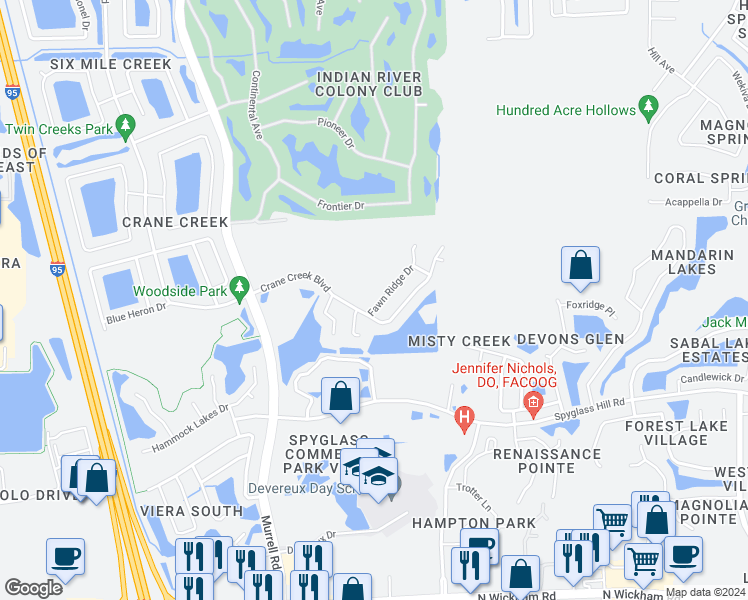 map of restaurants, bars, coffee shops, grocery stores, and more near 6772 Fawn Ridge Drive in Melbourne