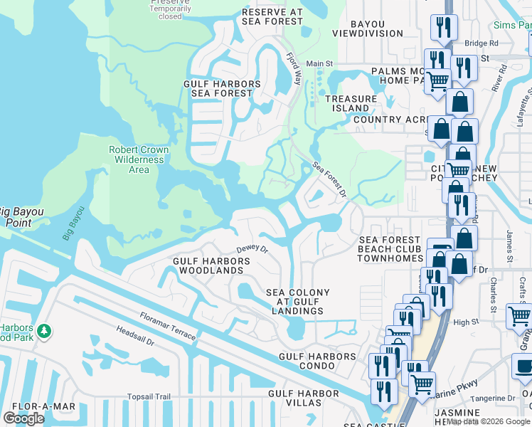 map of restaurants, bars, coffee shops, grocery stores, and more near 4537 Rickover Court in Port Richey